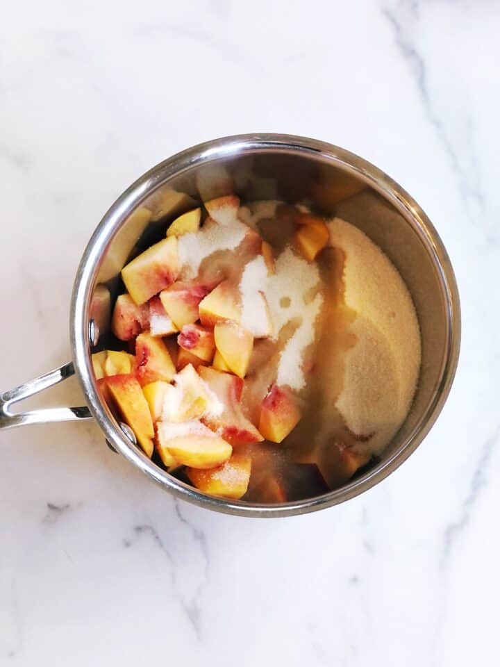 nectarine jam ingredients in pot