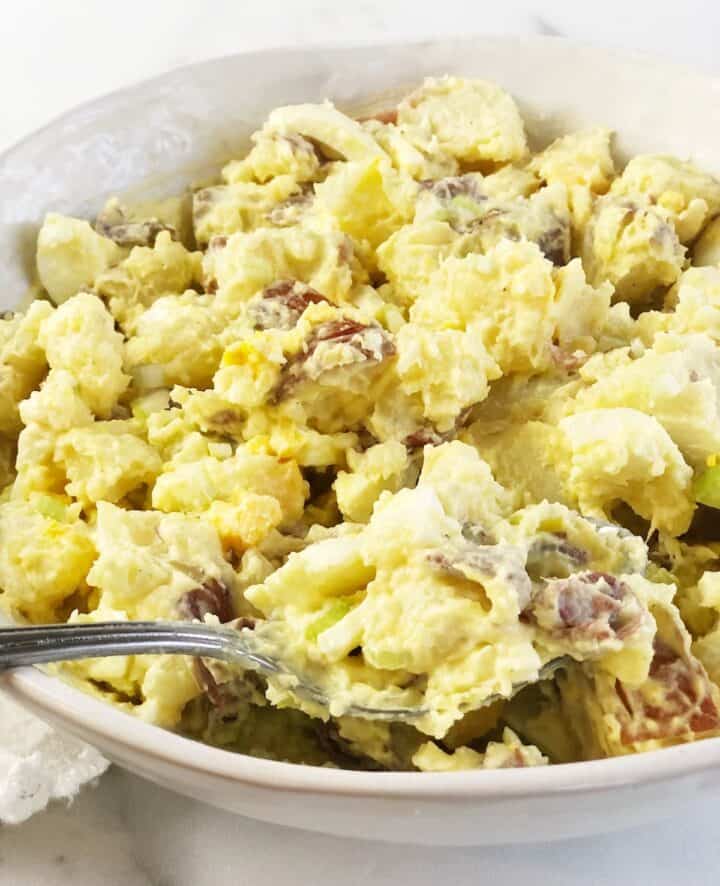closeup of red potato salad in bowl