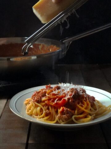 pork bolognese in bowl