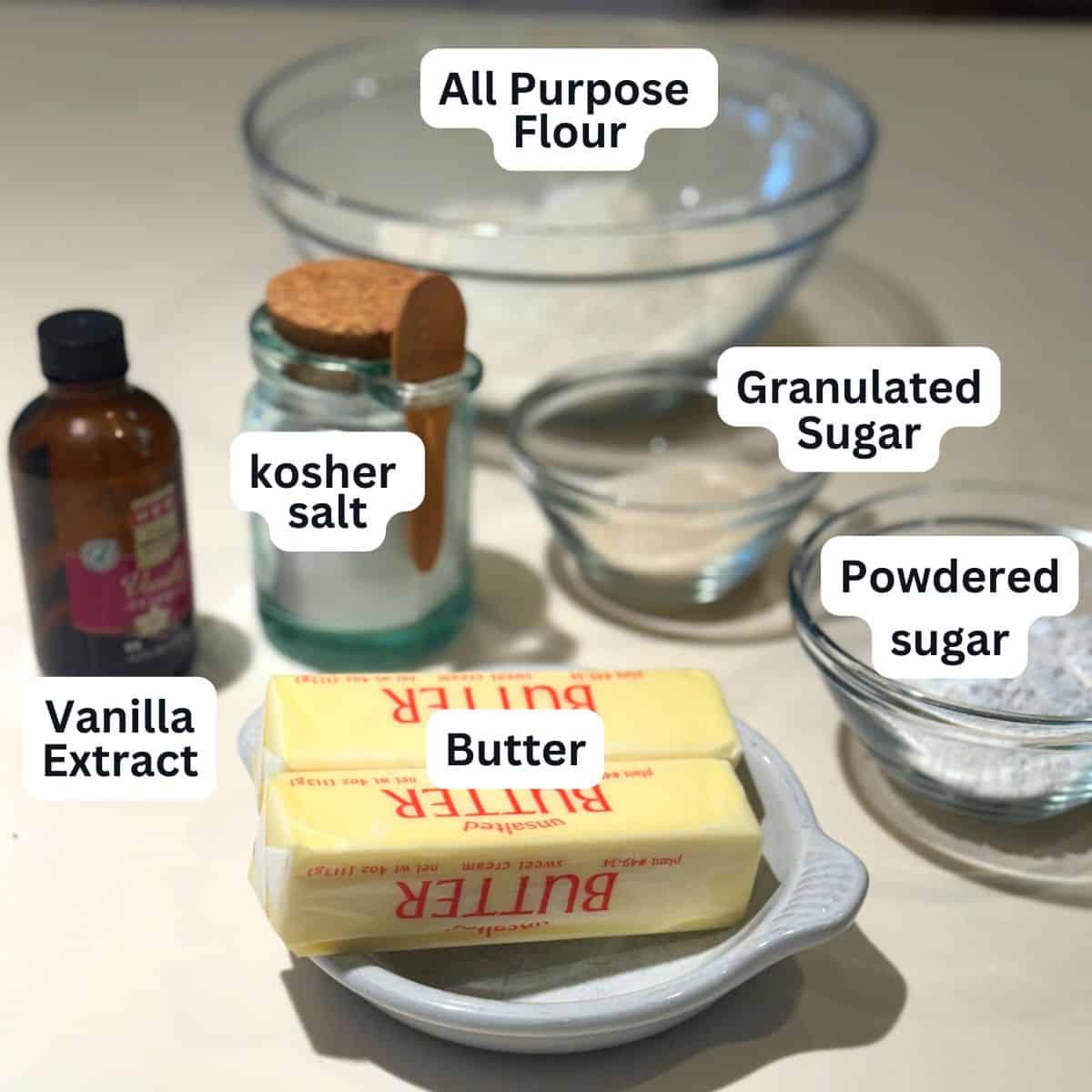 Ingredients for homemade salted shortbread bars.