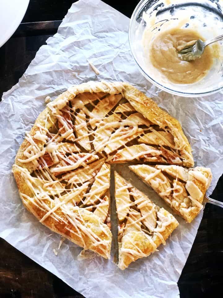 Apple galette with browned butter drizzle over top.