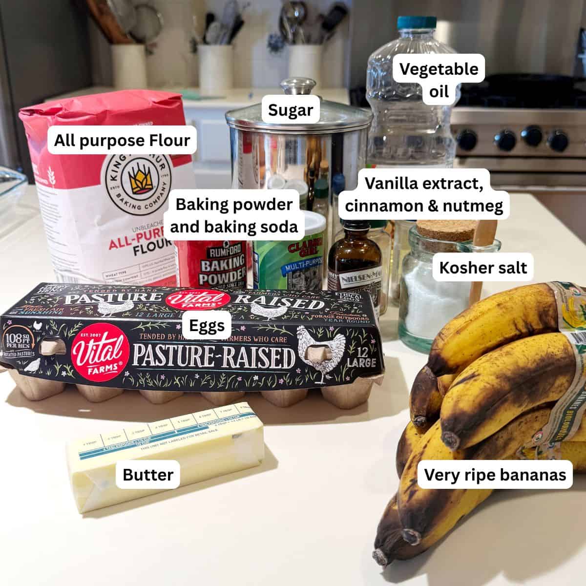 Ingredients for banana coffee cake on the kitchen counter.