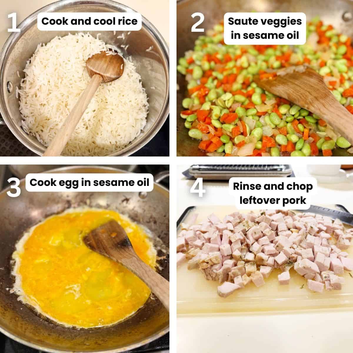 Preparing the fried rice with leftover pork.