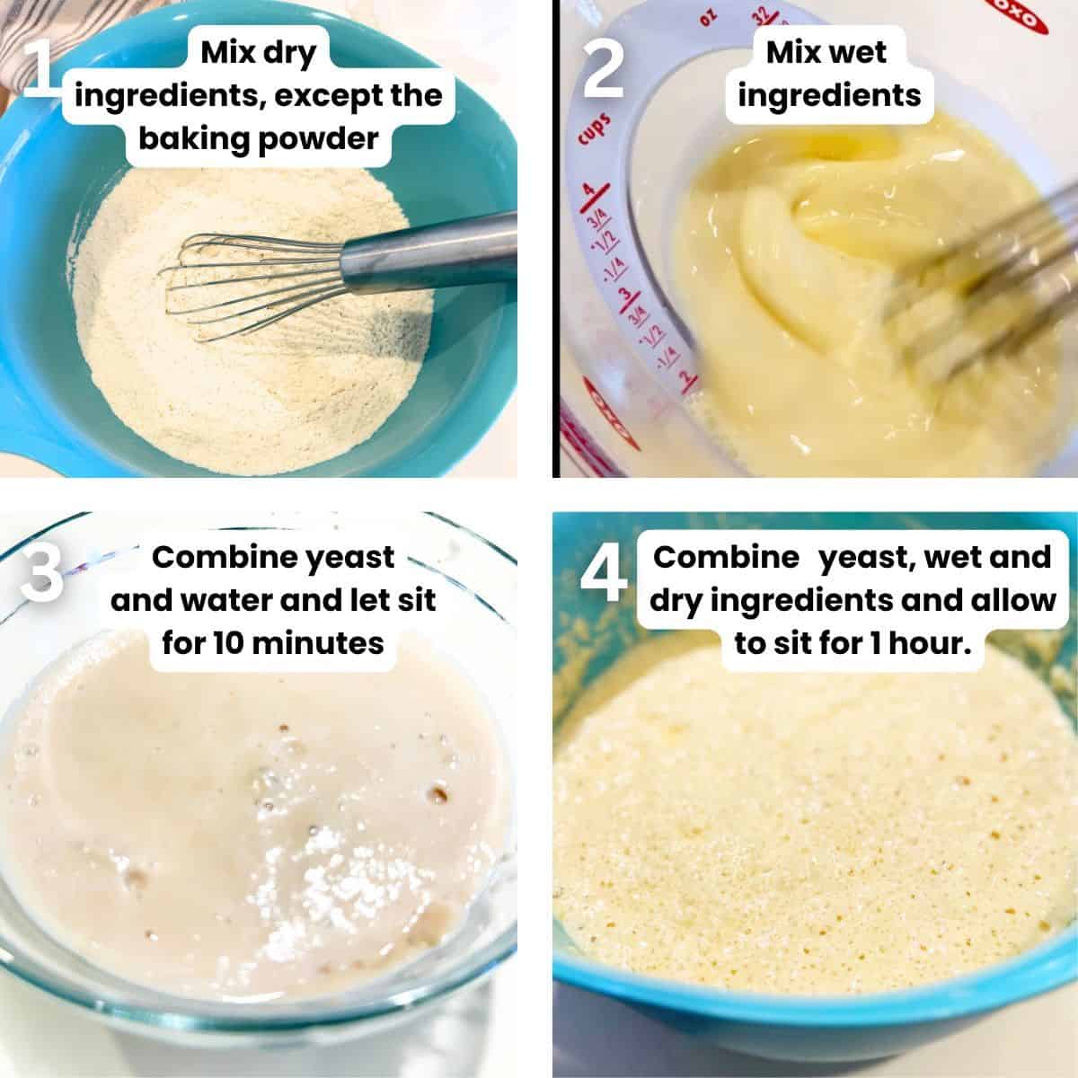 Preparing the yeast, waffle batter and mixing it all together.