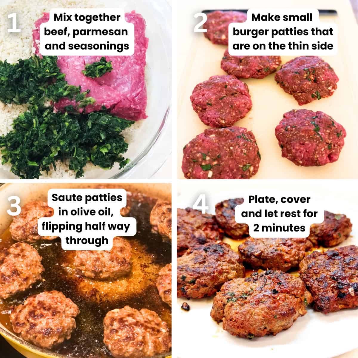 Italian herb burgers being prepared and cooked.