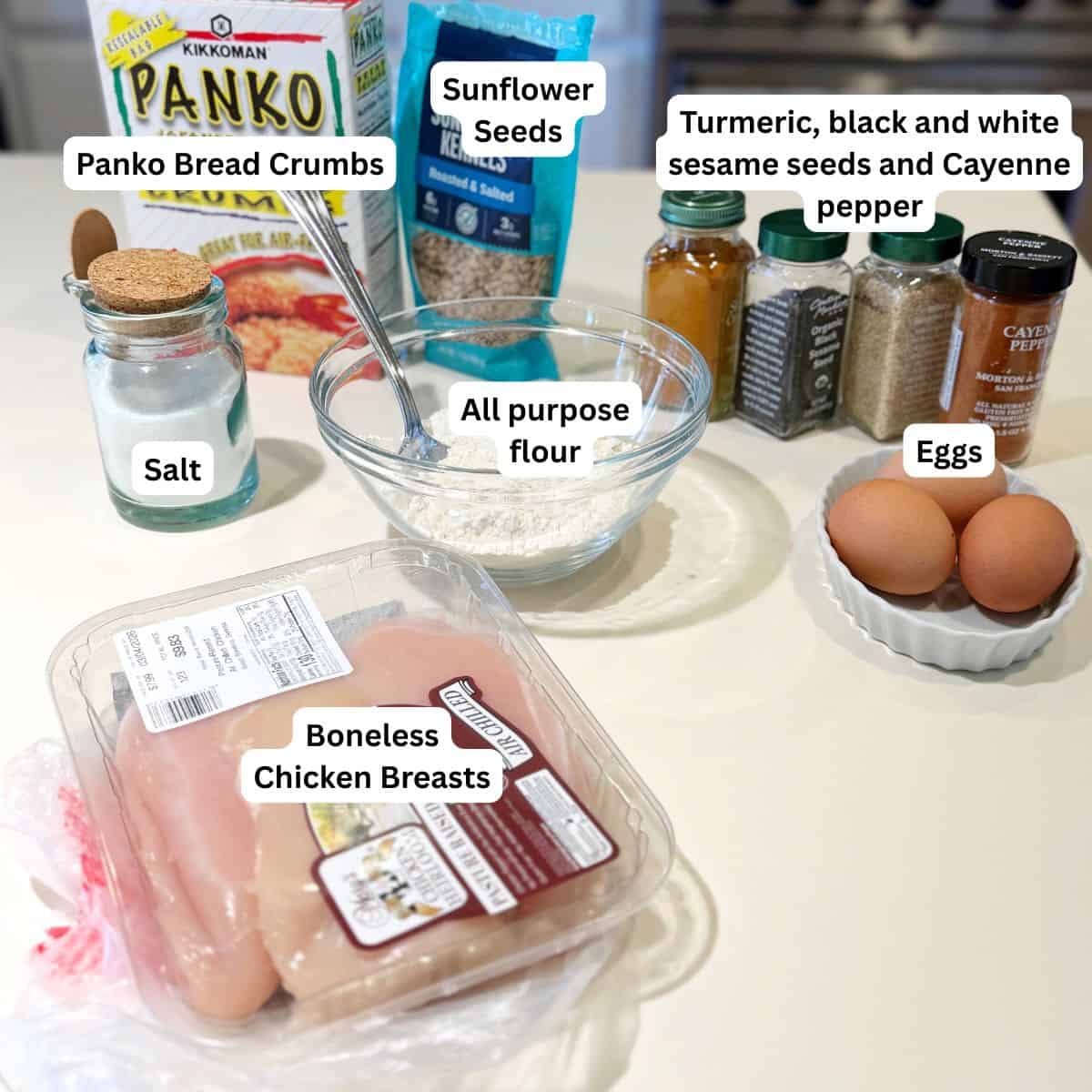 Ingredients for the seeded schnitzel on the counter.