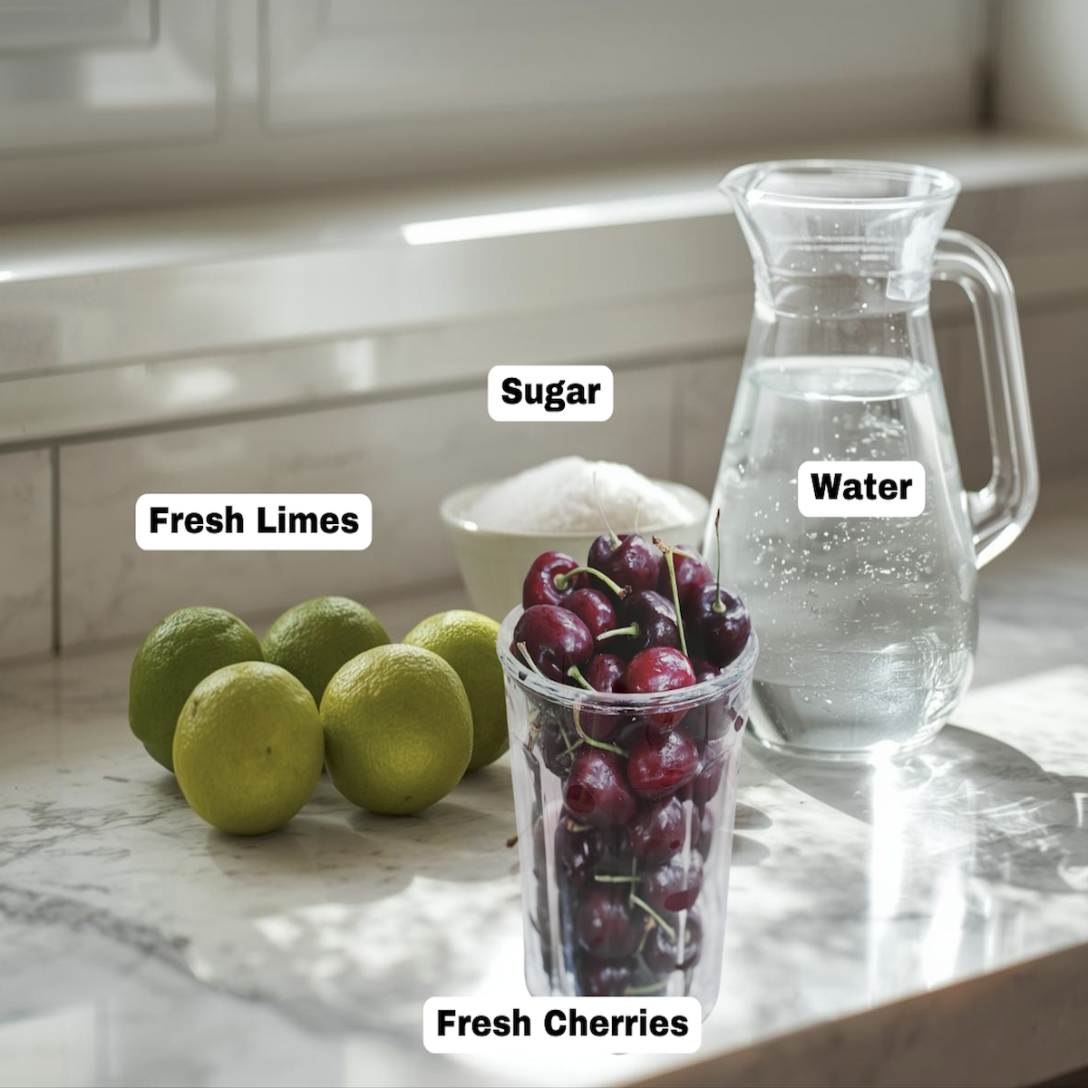 Ingredients for cherry limeade on the counter.