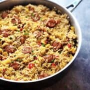 Cajun jambalaya in a large pan.