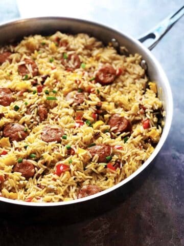 Cajun jambalaya in a large pan.