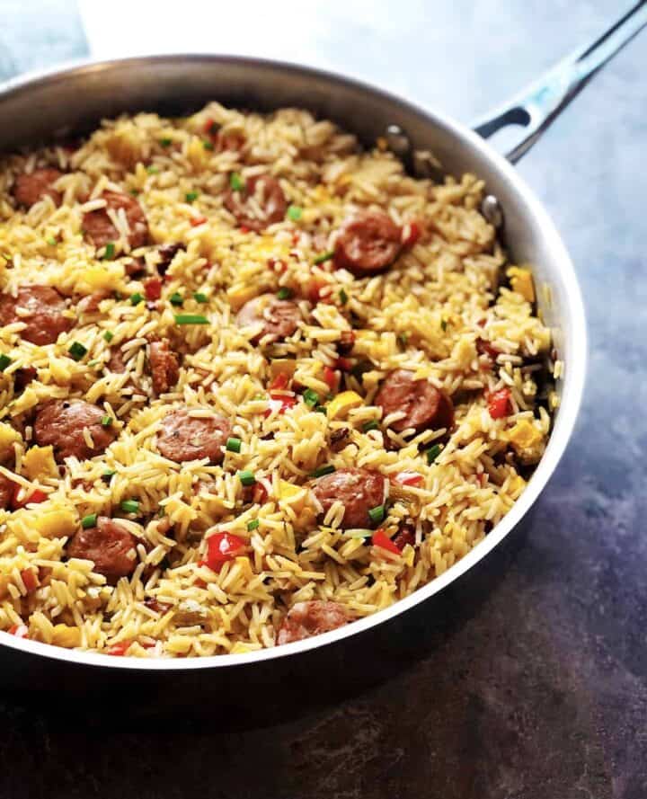 Cajun jambalaya in a large pan.