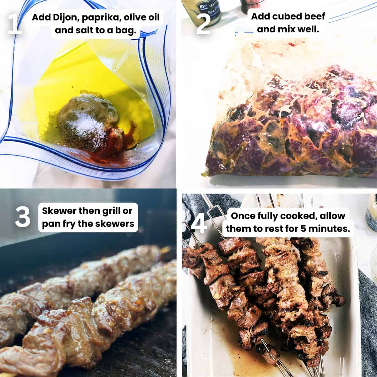 Dijon steak skewers preparation steps.