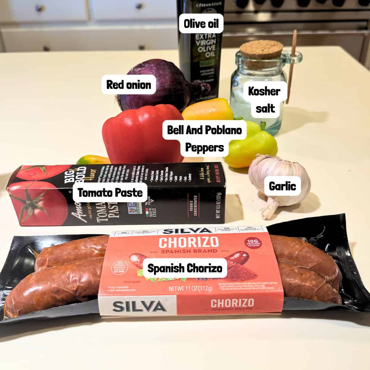 Ingredients to make the chorizo and peppers.