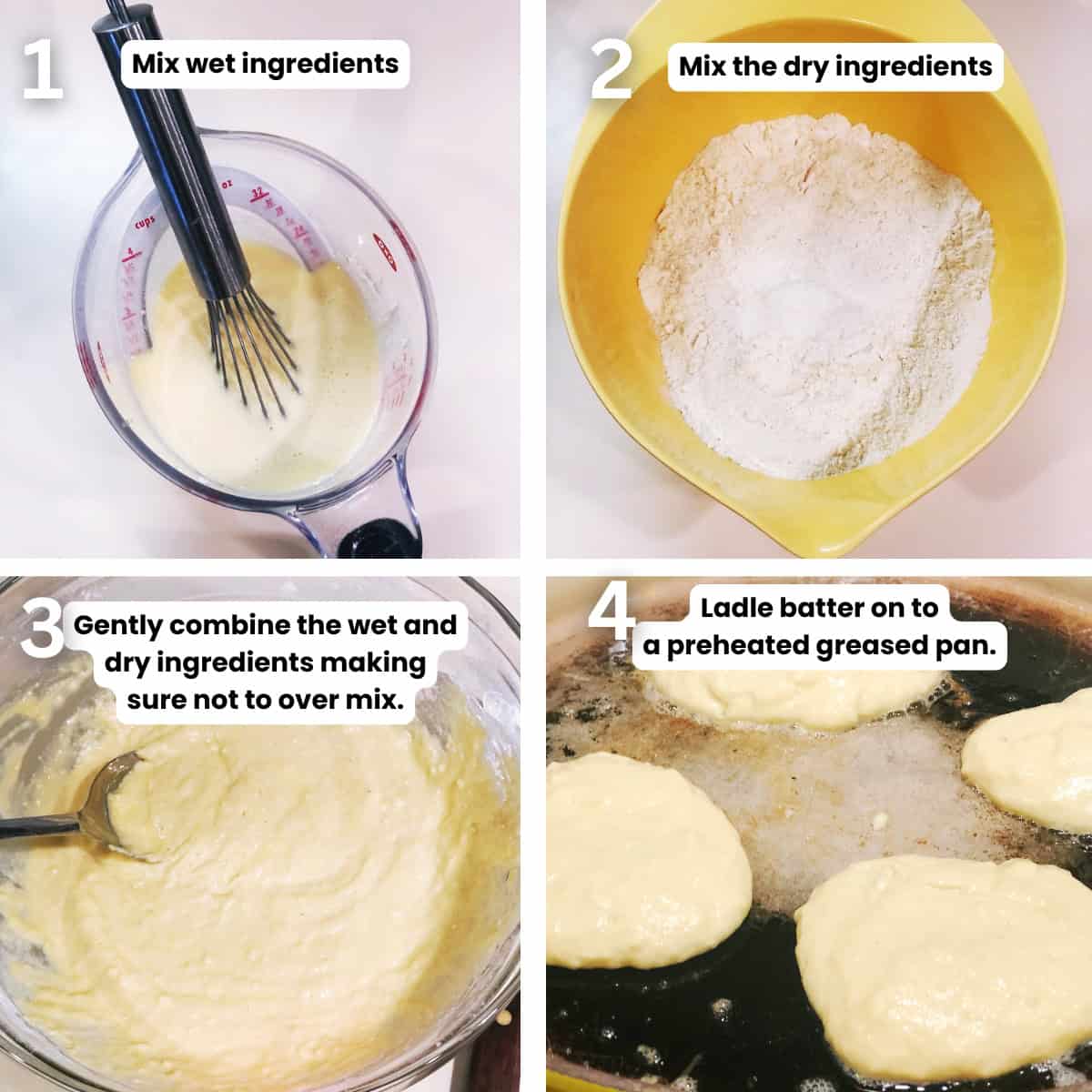 Mixing the ricotta pancake batter then cooking them.