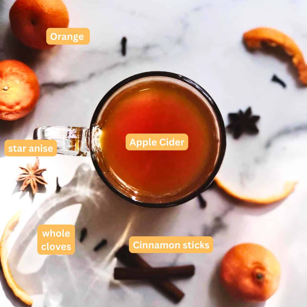 Ingredients to make mulled cider.