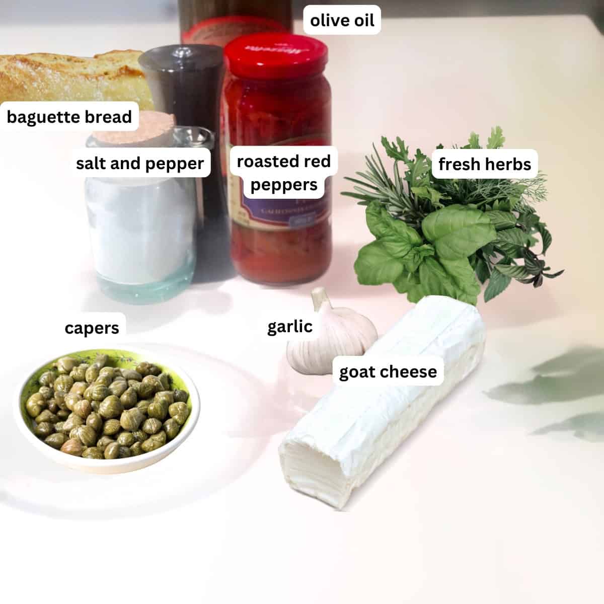 Ingredients for the goat cheese and red pepper crostini.