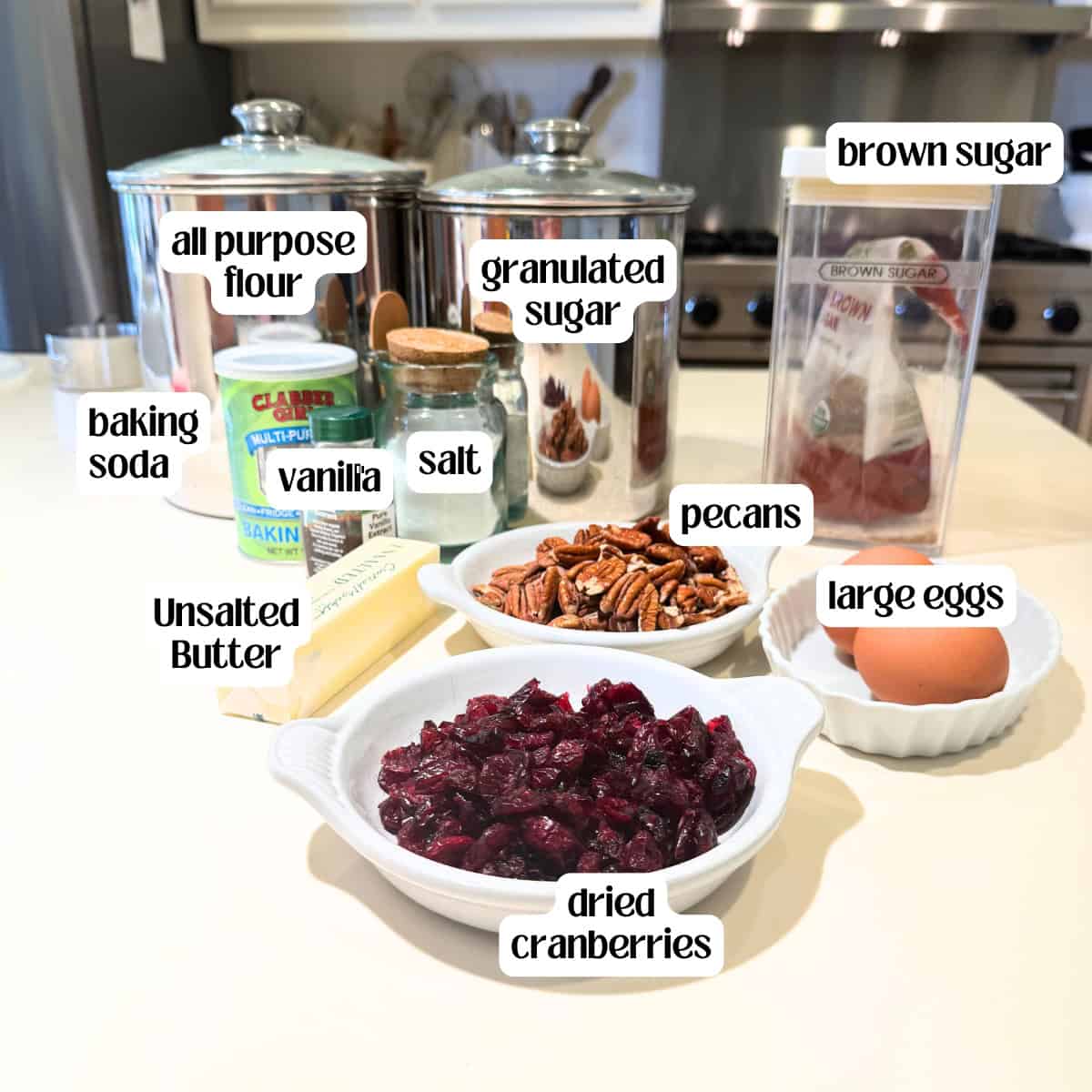 Ingredients for the pecan cranberry cookies.