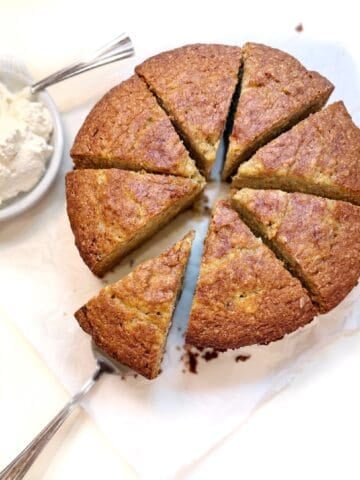 Banana bread cut into slices.