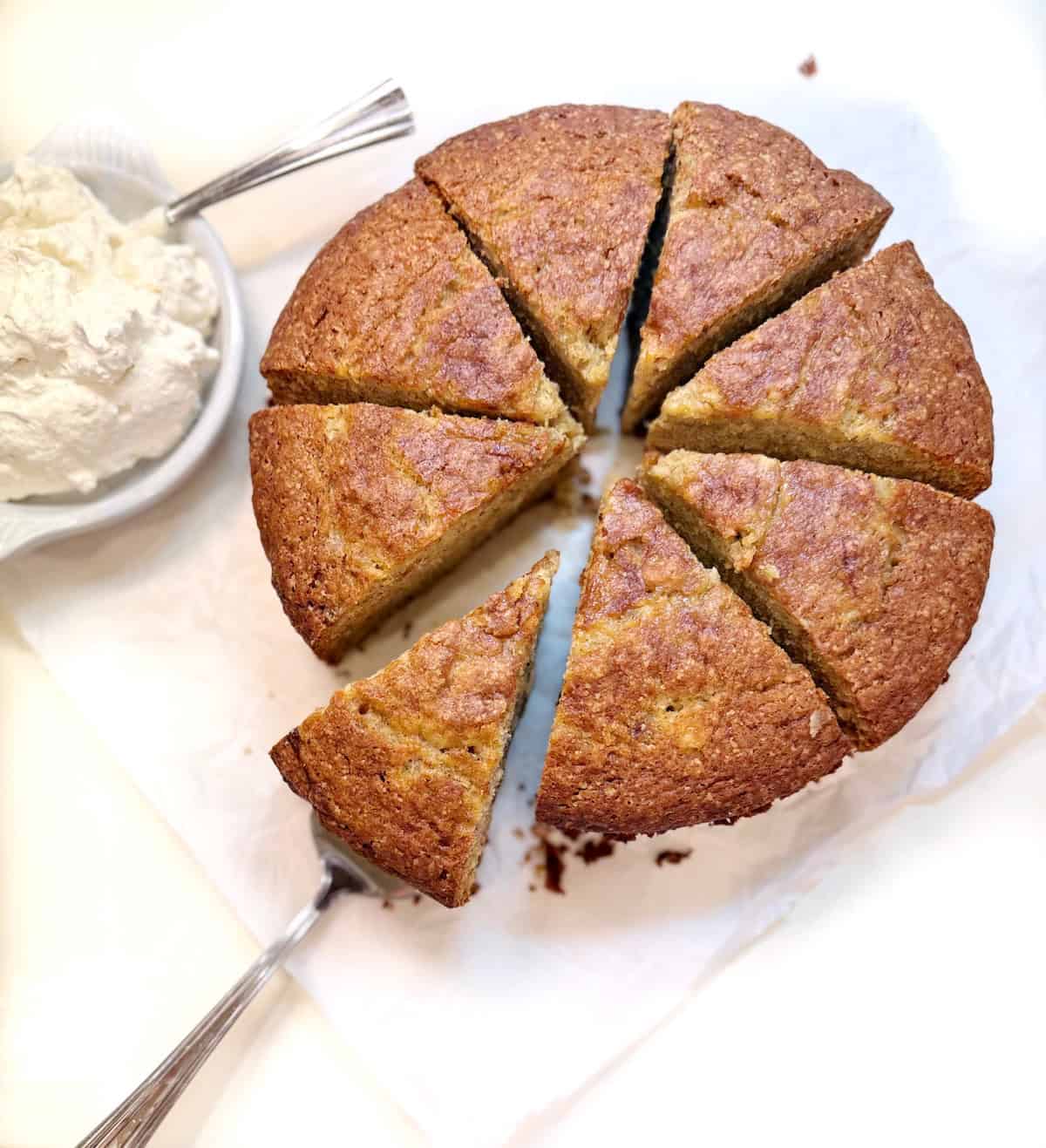 Banana bread cut into slices.