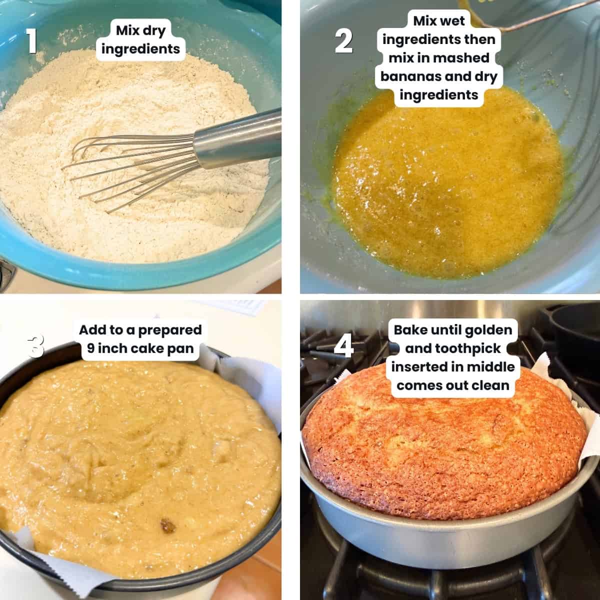 Making banana bread in a cake pan.