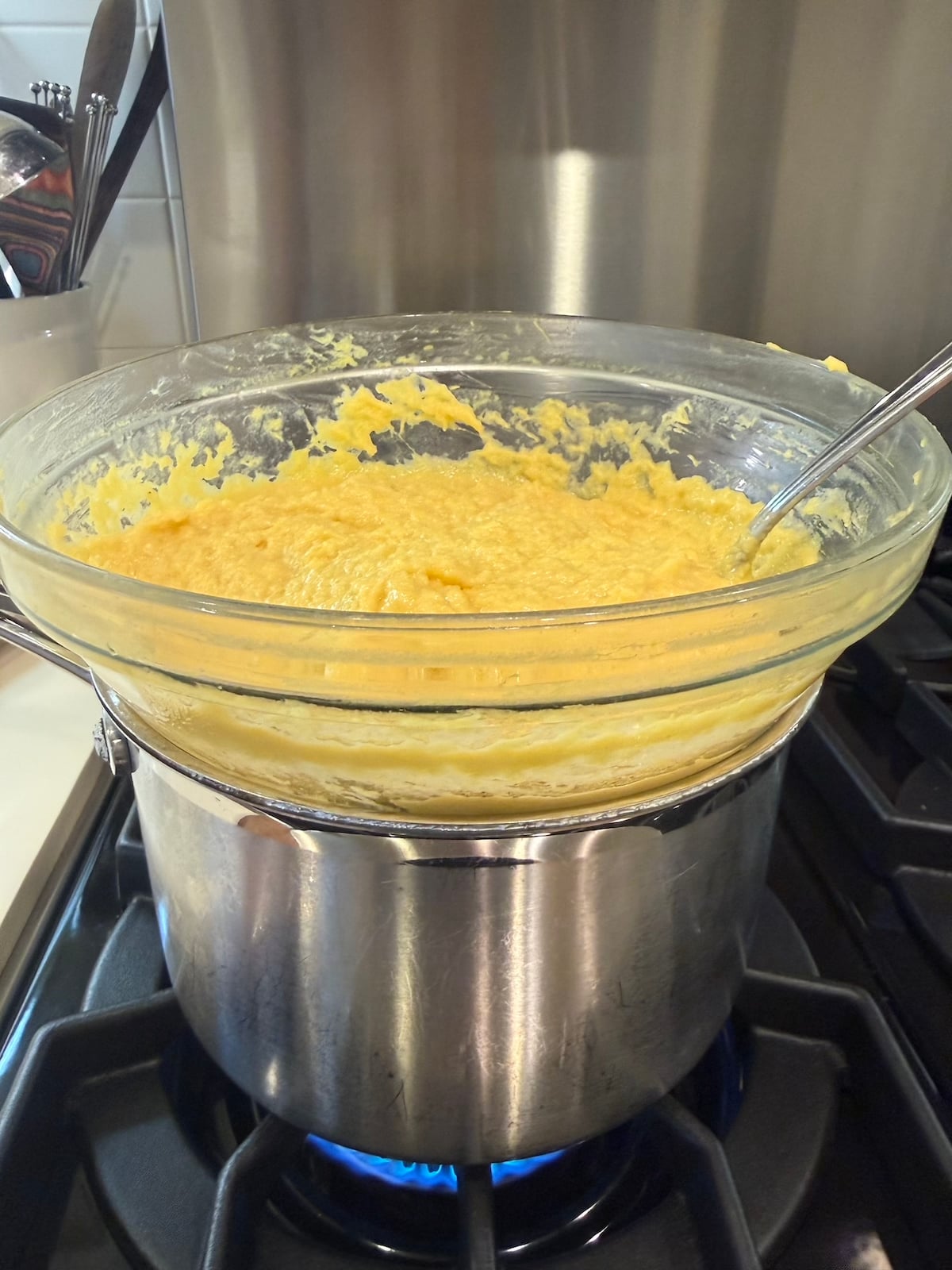 The acorn squash in a bain marie.